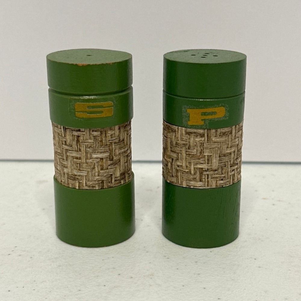 Vintage Wooden Salt and Pepper Shakers Green Woven Band Japan MCM Mid Century